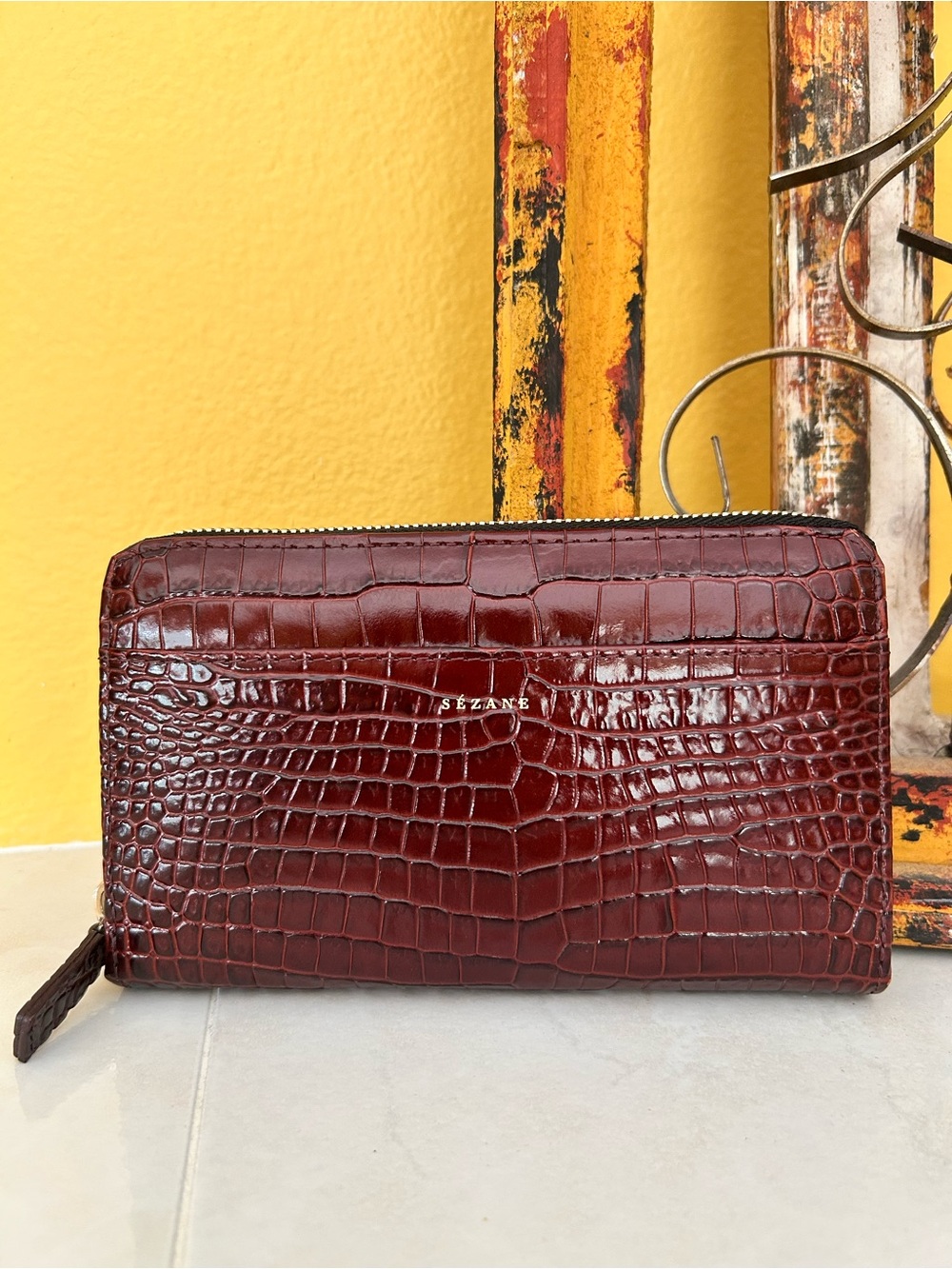 Sézane Victoria Wallet | Burgundy Crocodile Print Leather | Made in Portugal - Picture 2 of 11
